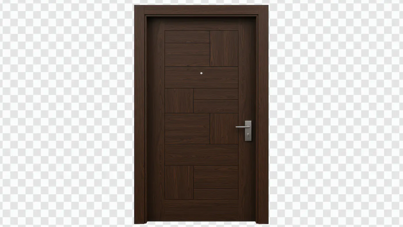 Dark Wooden Entry Door PNG – Modern Horizontal Panel Design with Transparent Background