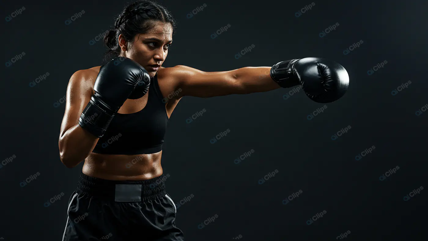 Intense Female Boxer's Precision Punch