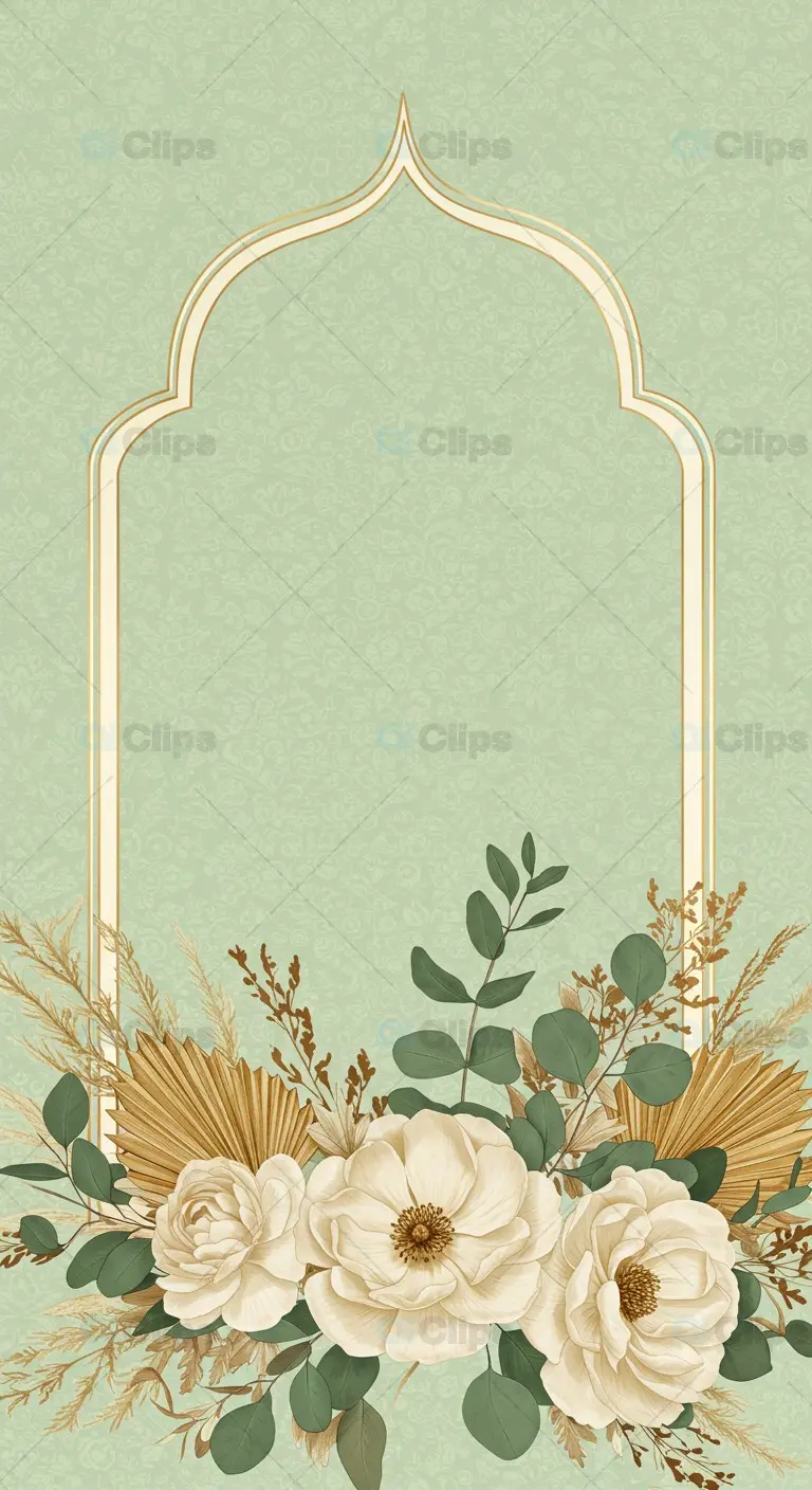 Floral Frame with Beige Flowers and Green Background