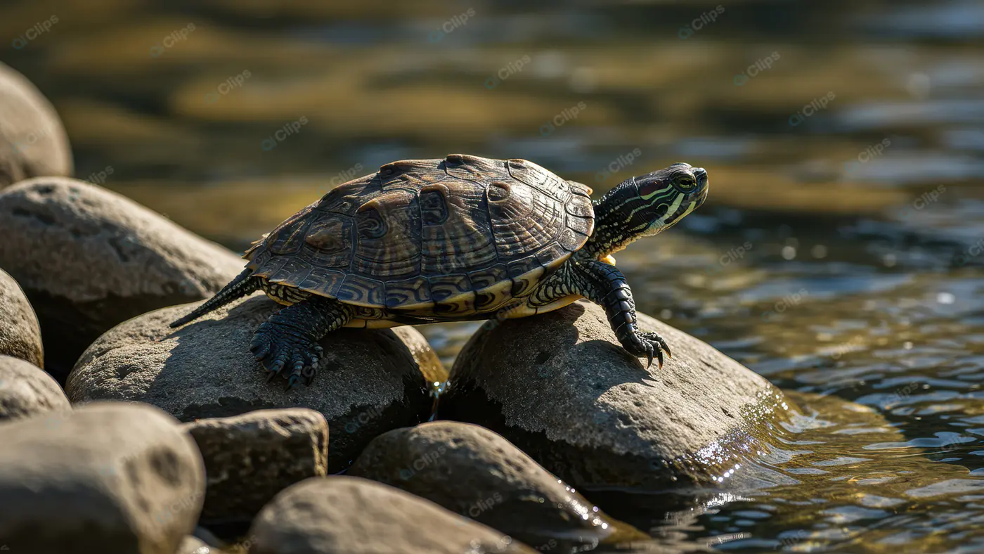 Turtle Basking on River Rocks in Natural Sunlight