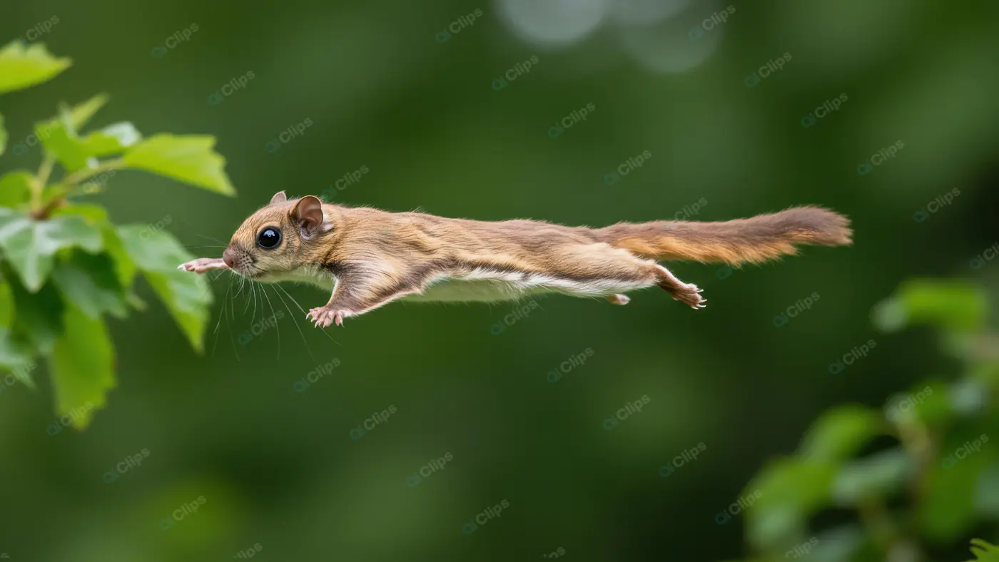 Flying Squirrel in Mid-Air Leap Towards Tree Branch