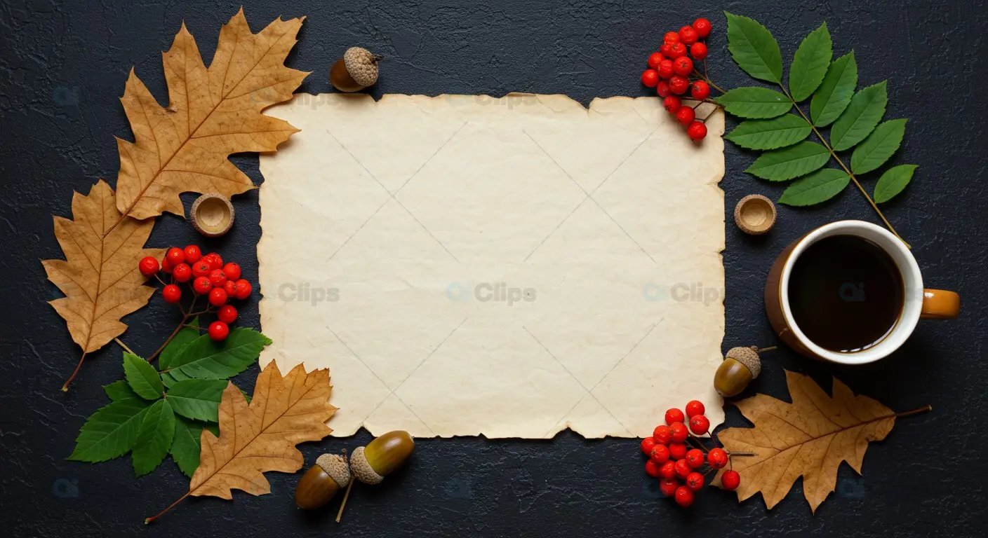 Autumn Flatlay with Blank Paper, Coffee, and Natural Elements