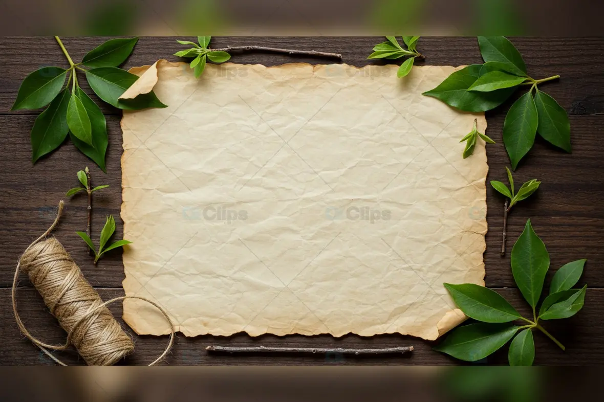 Vintage Paper with Green Leaves and Twine on  Wood Background