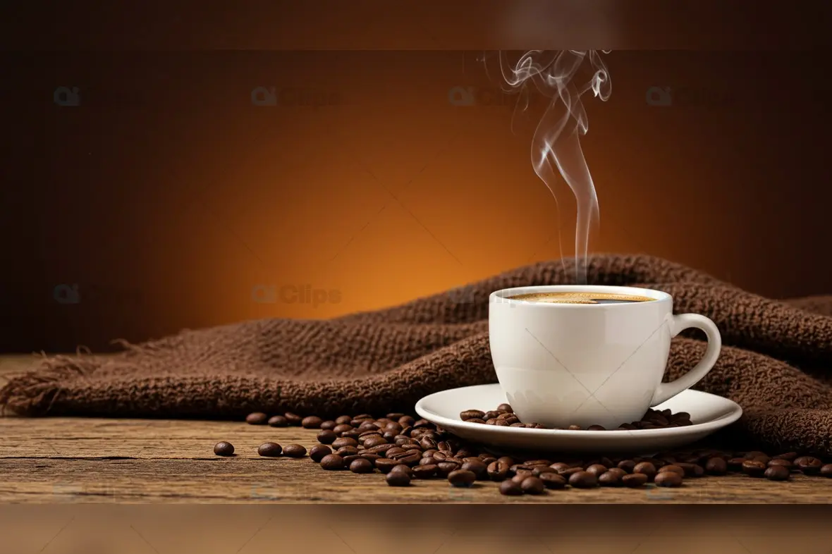 Steaming Coffee Cup with Beans on Rustic Wooden Surface