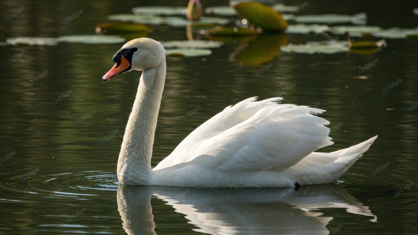 Graceful White Swan Gliding on Serene Water with Lotus Leaves