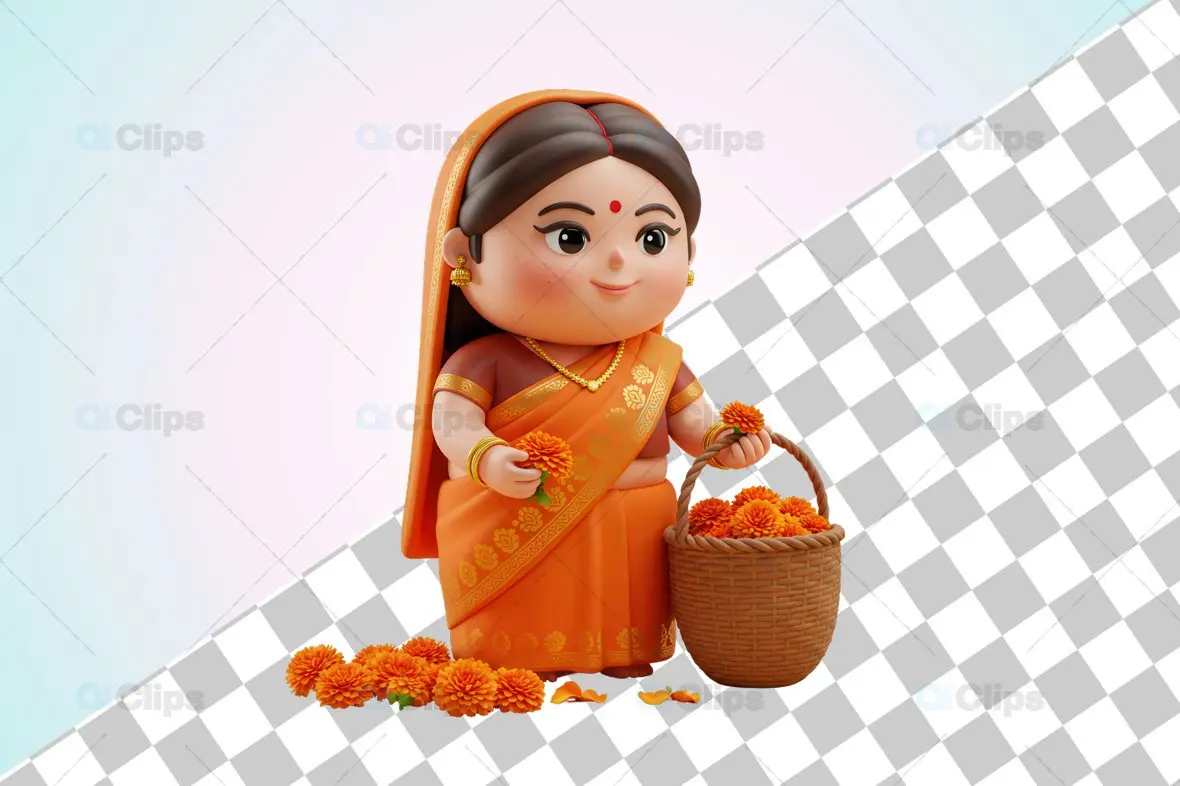 Traditional Indian Woman in Orange Saree 3D Illustration with Marigolds