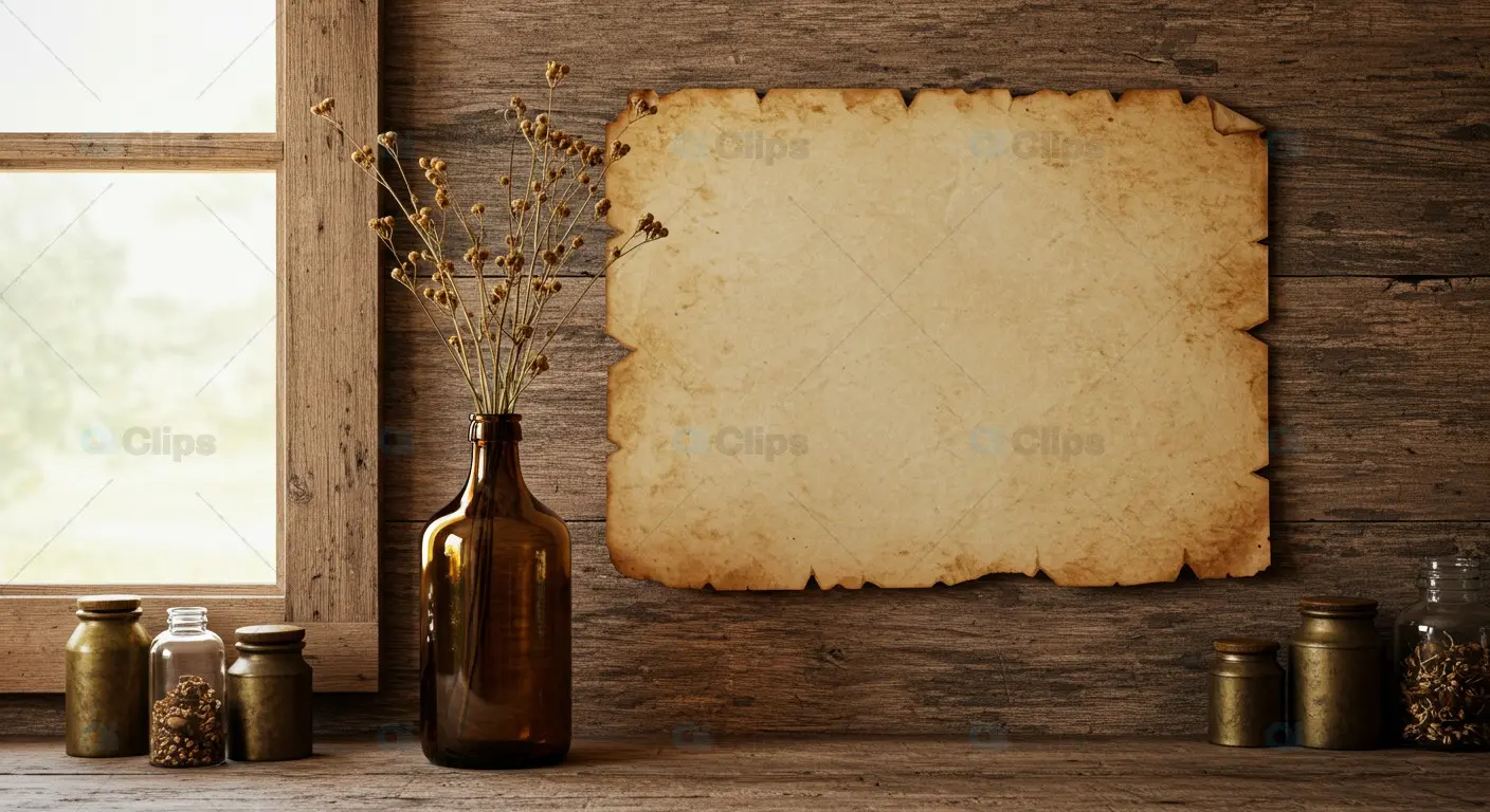 Vintage Blank Parchment with Rustic Bottles and Dried Flowers
