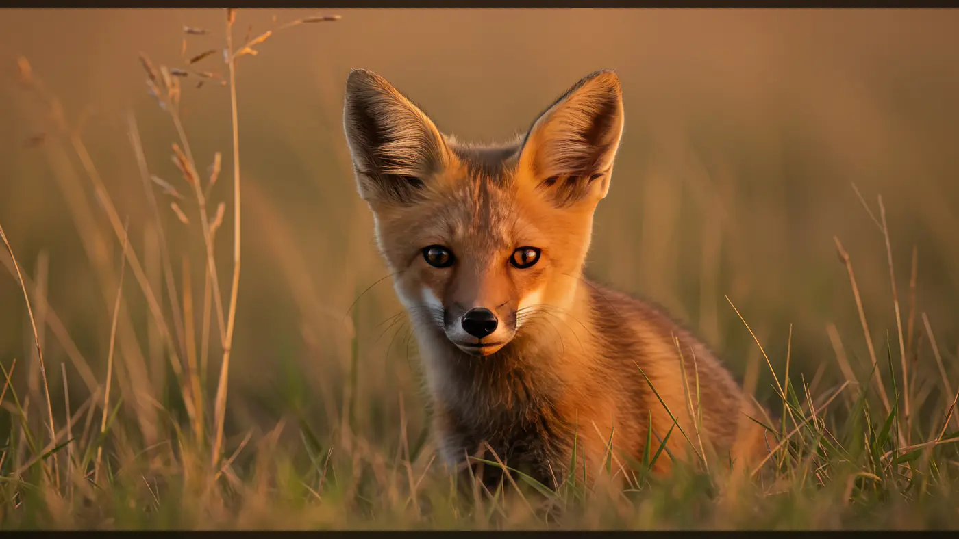 Curious Fox Cub in Golden Grass at Sunset