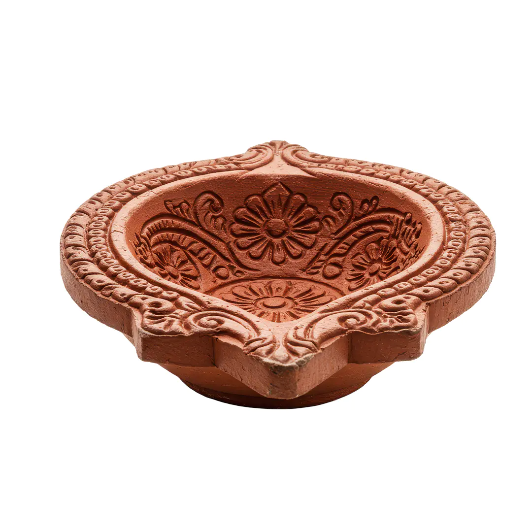 Handcrafted Indian Clay Diya with Floral Design for Diwali