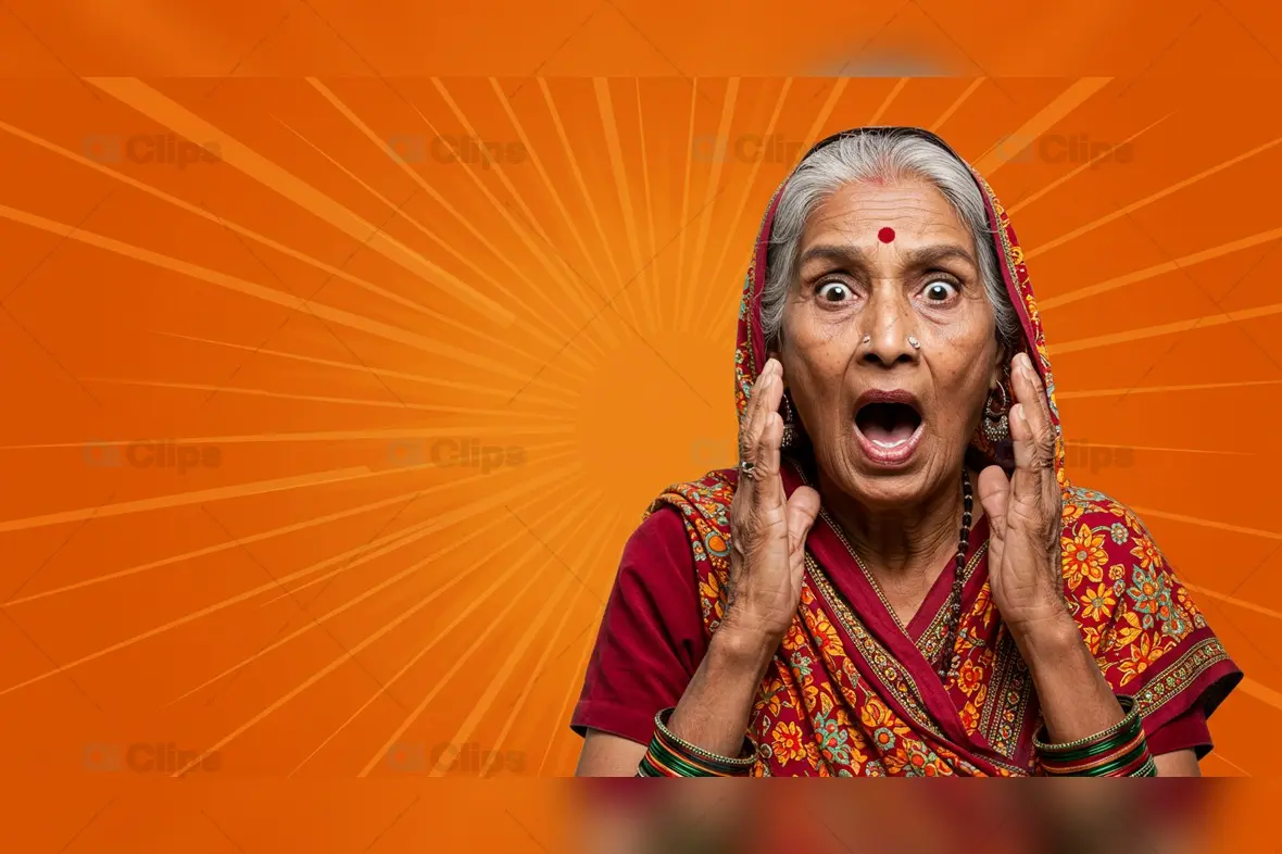 Surprised Elderly Indian Woman in Traditional Saree with Comic Background