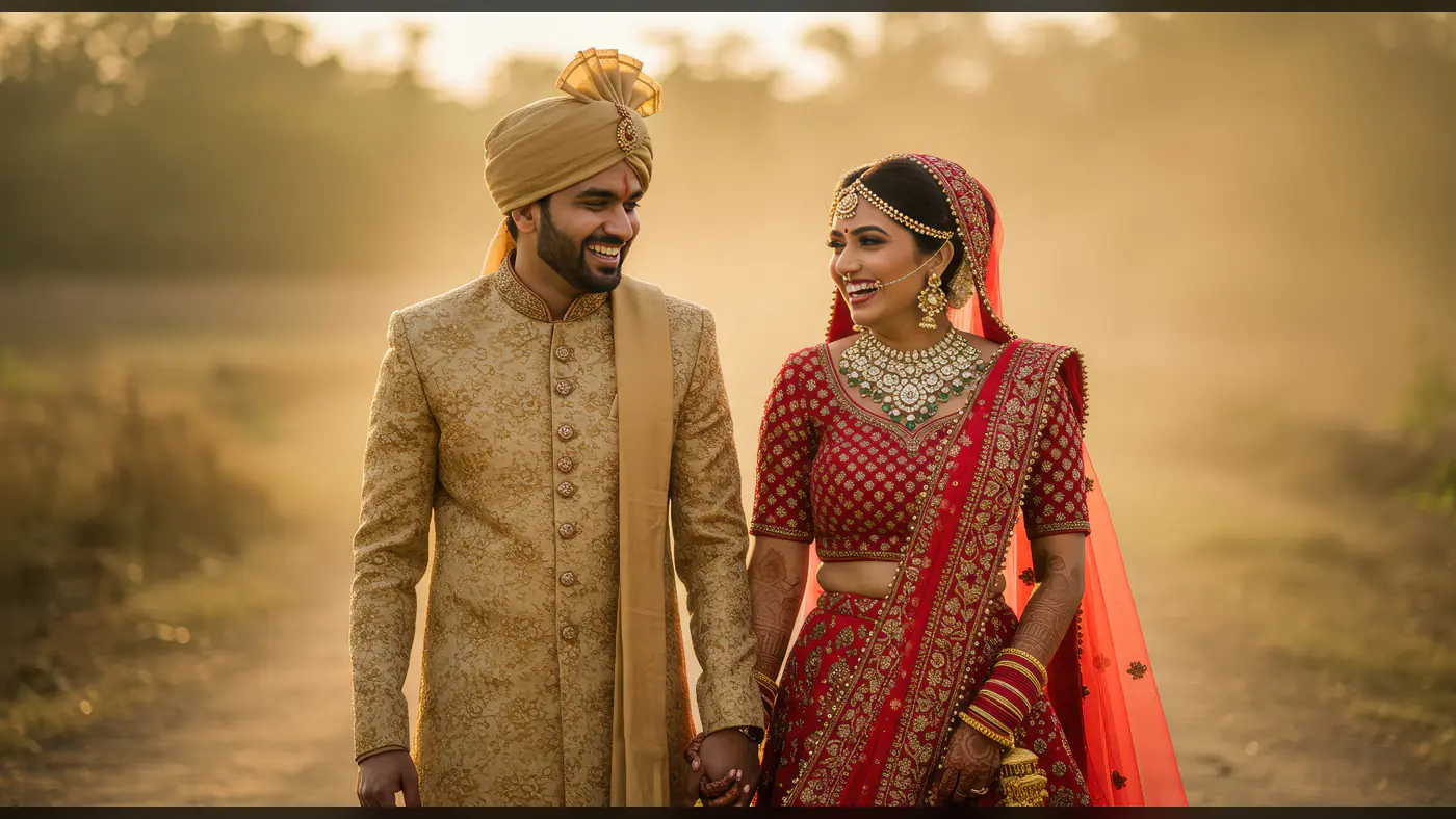Smiling Indian Bride and Groom Walking Together at Sunset