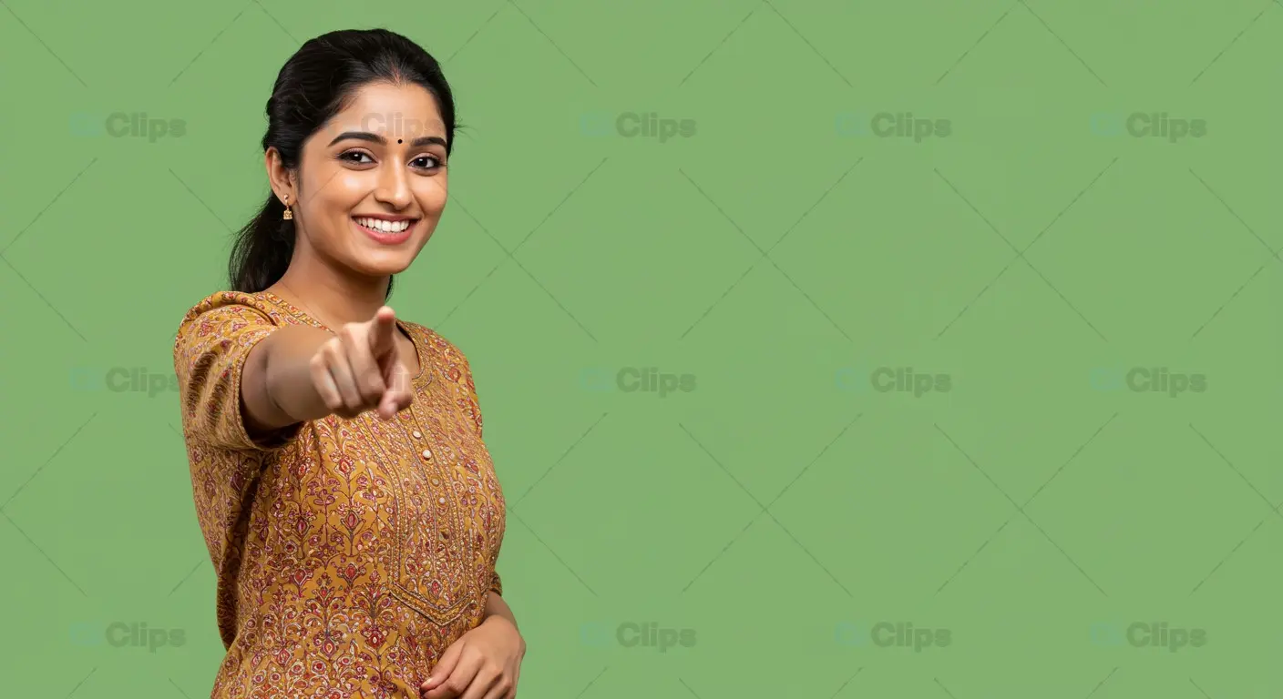 Young Woman with a Smile Pointing on a Bold Green Background