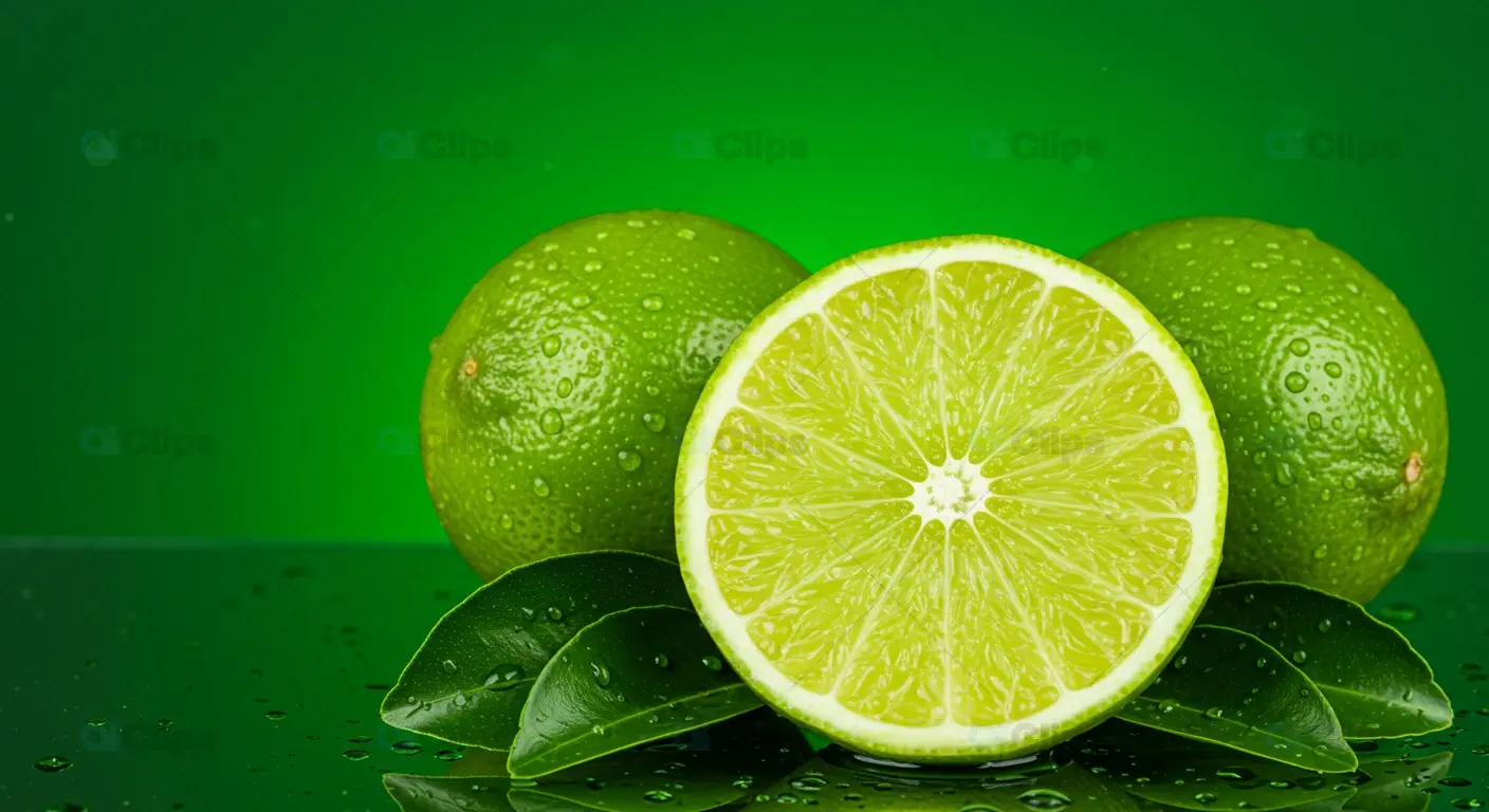 Lime Slice with Water Drops on Green Background