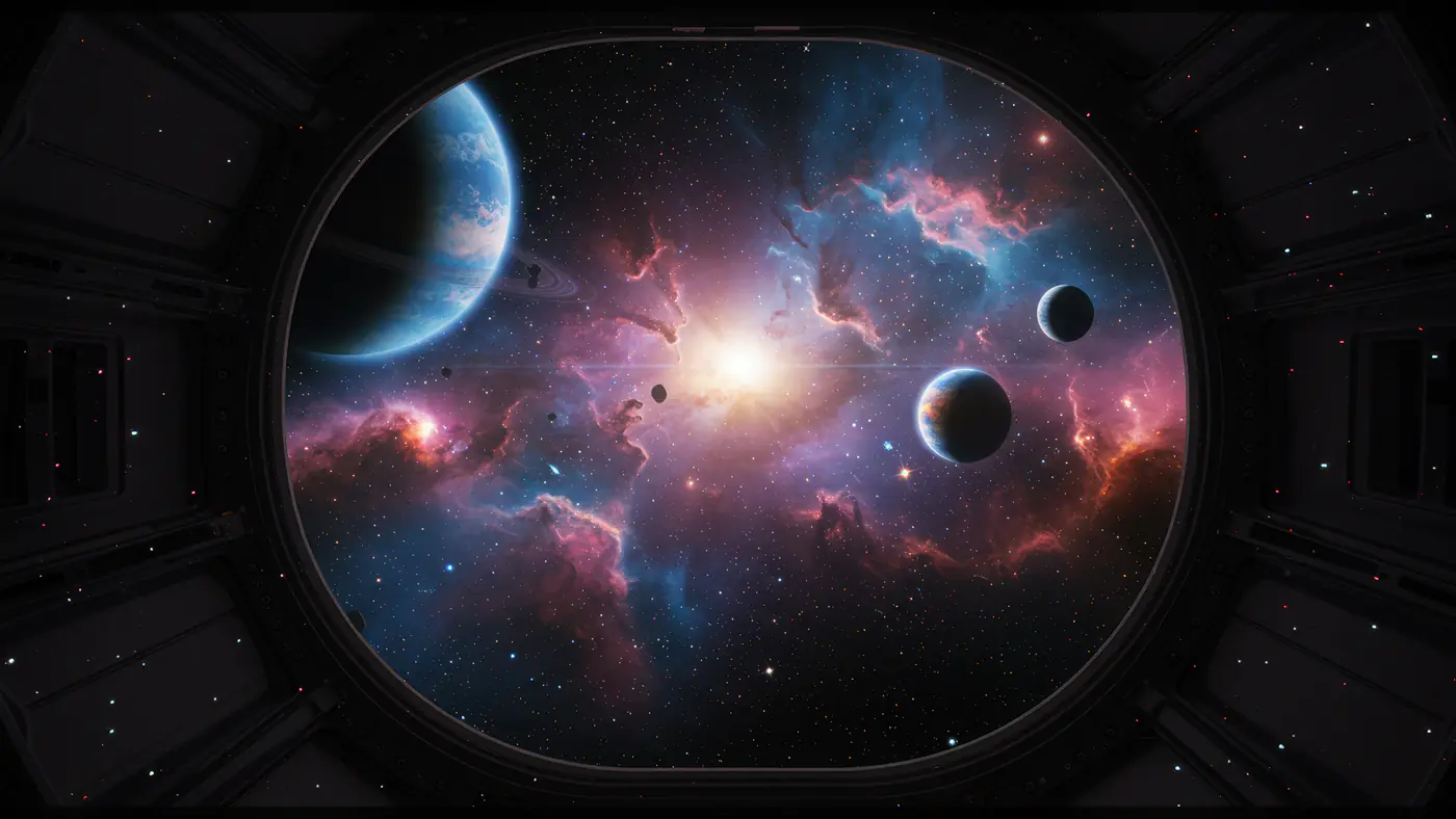 Colorful Galaxy and Planets Seen from Spacecraft Window