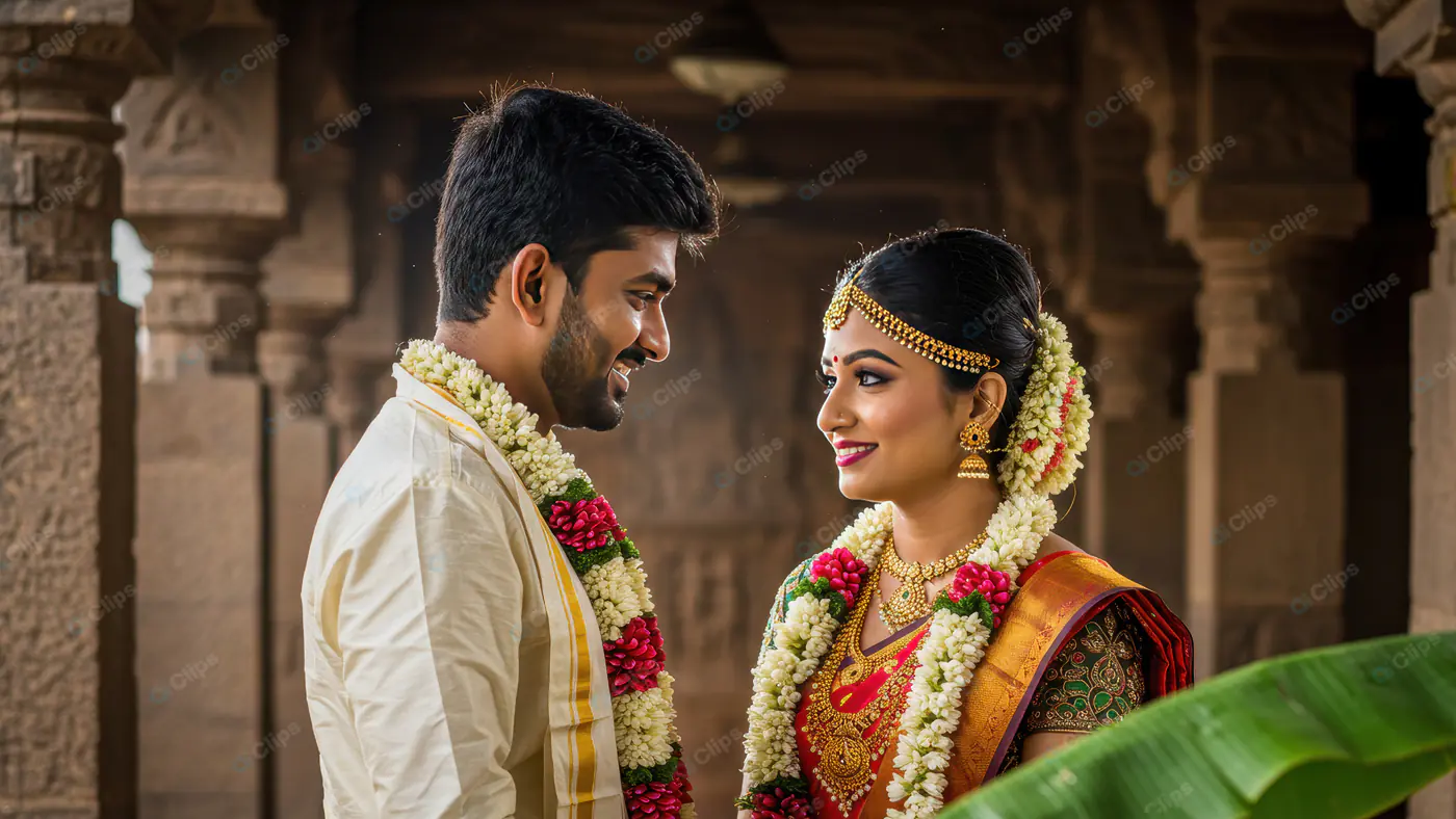 Traditional South Indian Wedding Couple Smiling at Temple Venue