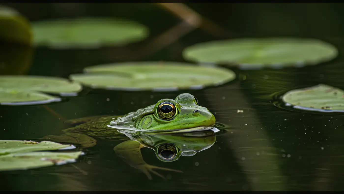 Green Frog Floating Amidst Lily Pads in Calm Pond