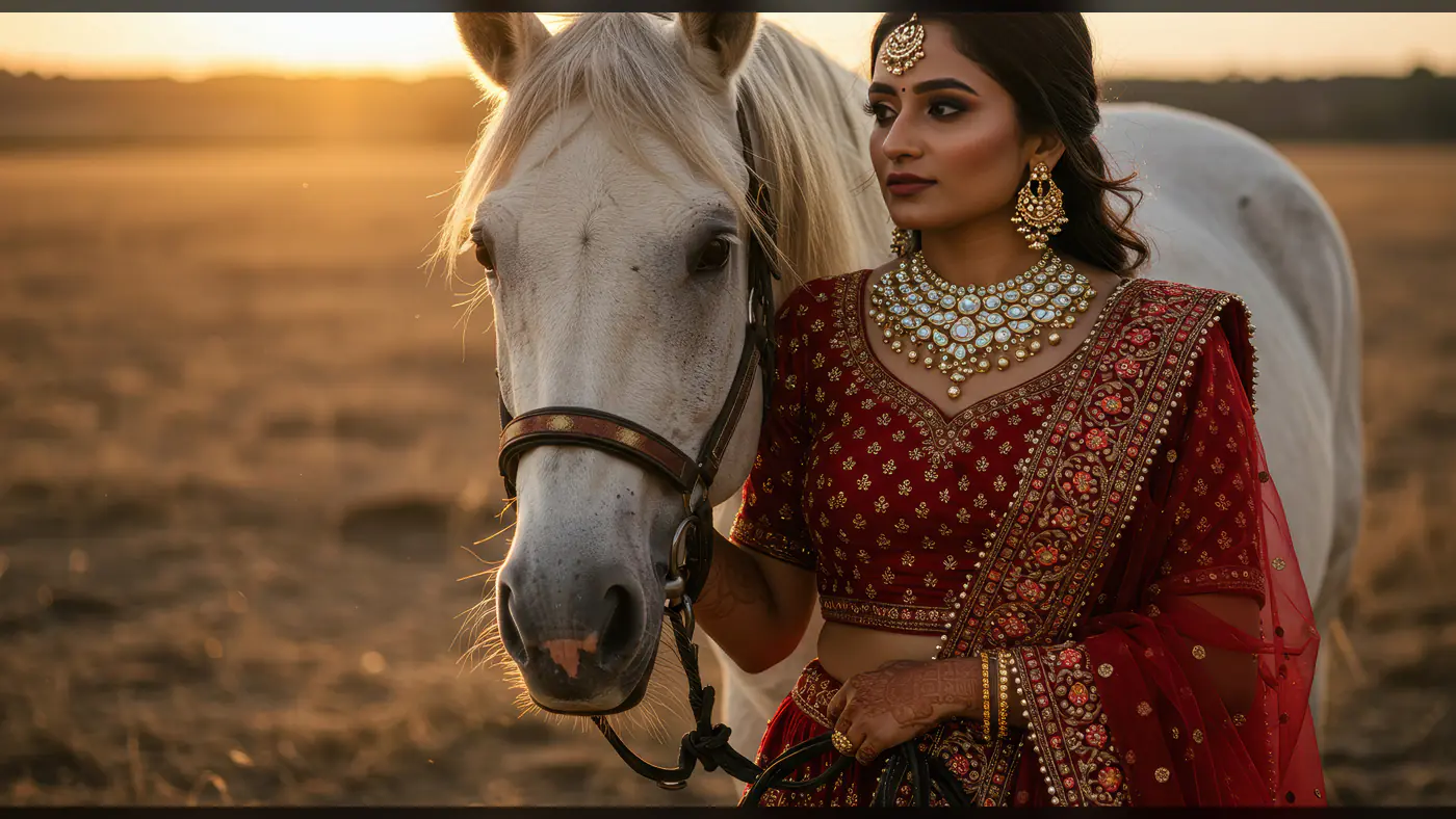 Elegant Indian Bride with White Horse in Golden Sunset Field