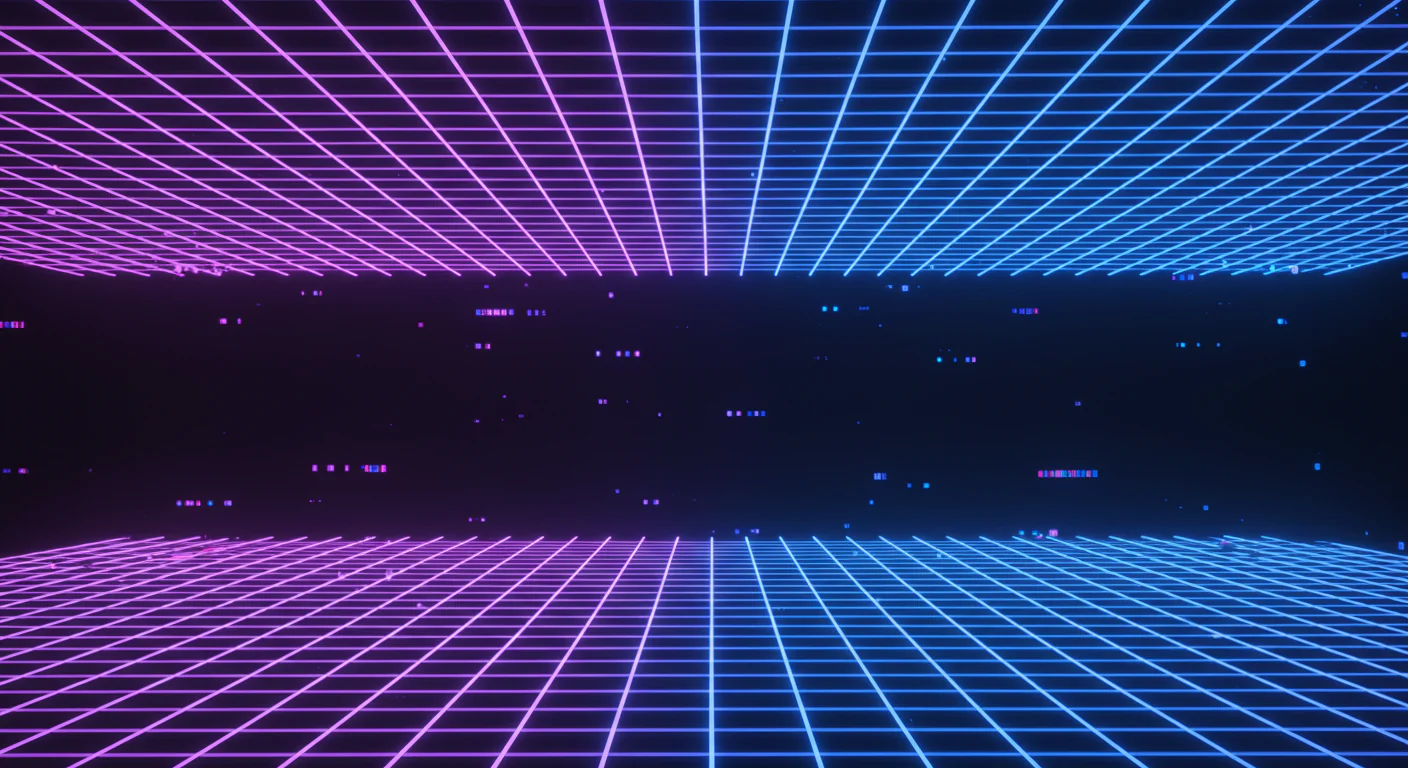 Futuristic Neon Grid Horizon with Pink and Blue Glow background