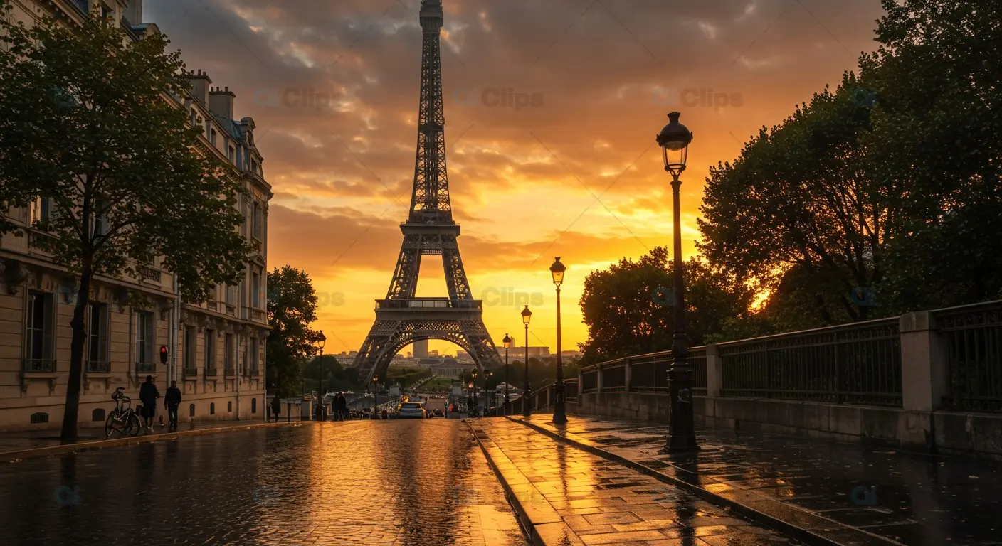 Stunning Sunset over Eiffel Tower - Paris Skyline