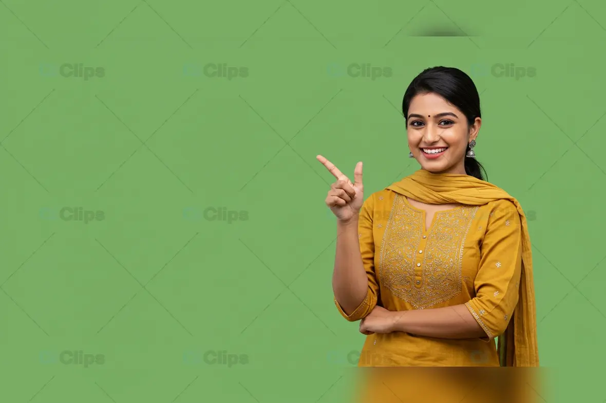 Cheerful Woman in Vibrant Attire, Green Background