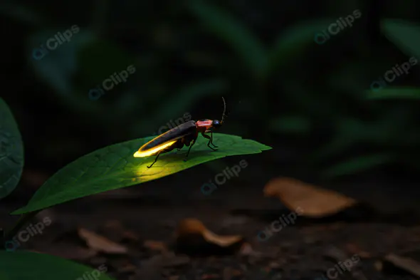 Glowing Firefly on Green Leaf at Night in Forest
