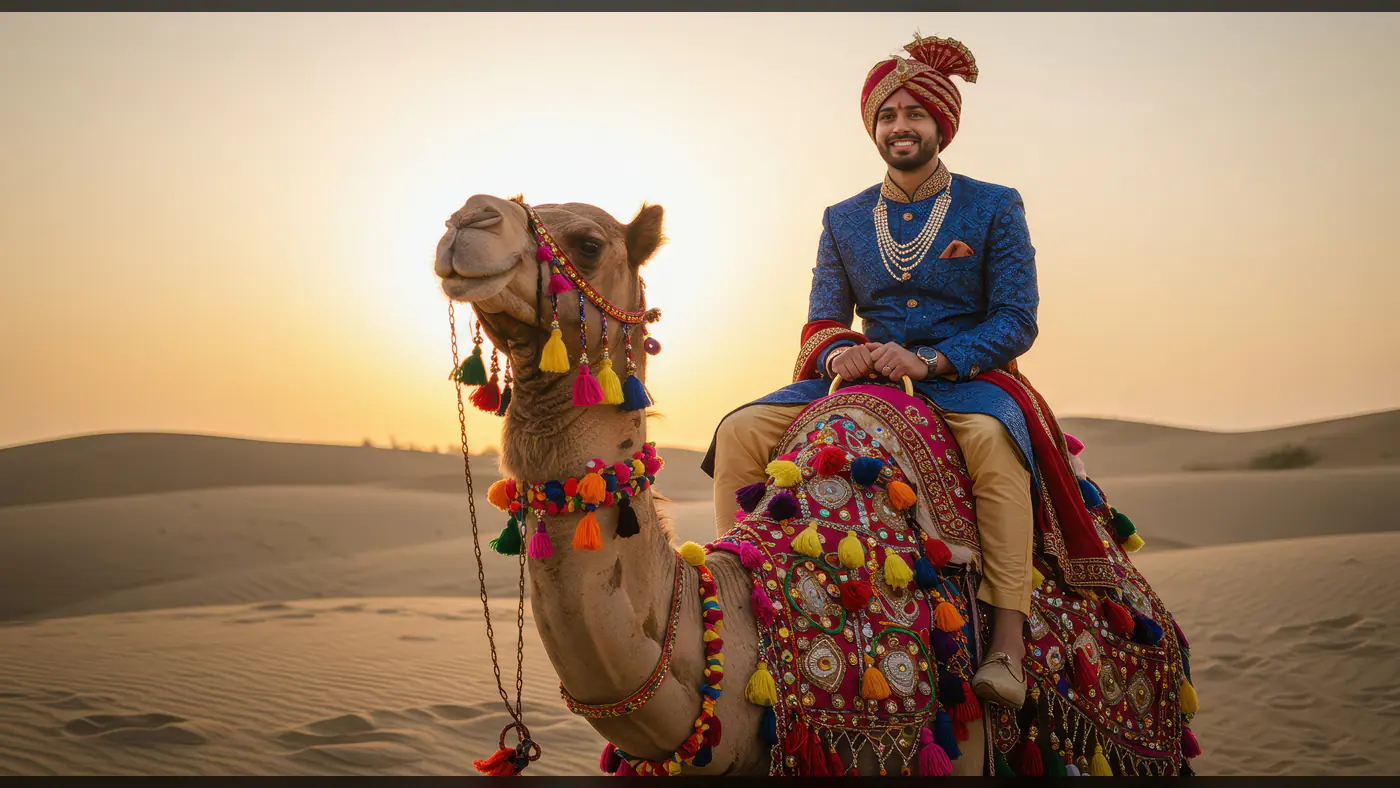 Smiling Indian Groom in Blue Sherwani Riding Decorated Camel in Desert at Sunset