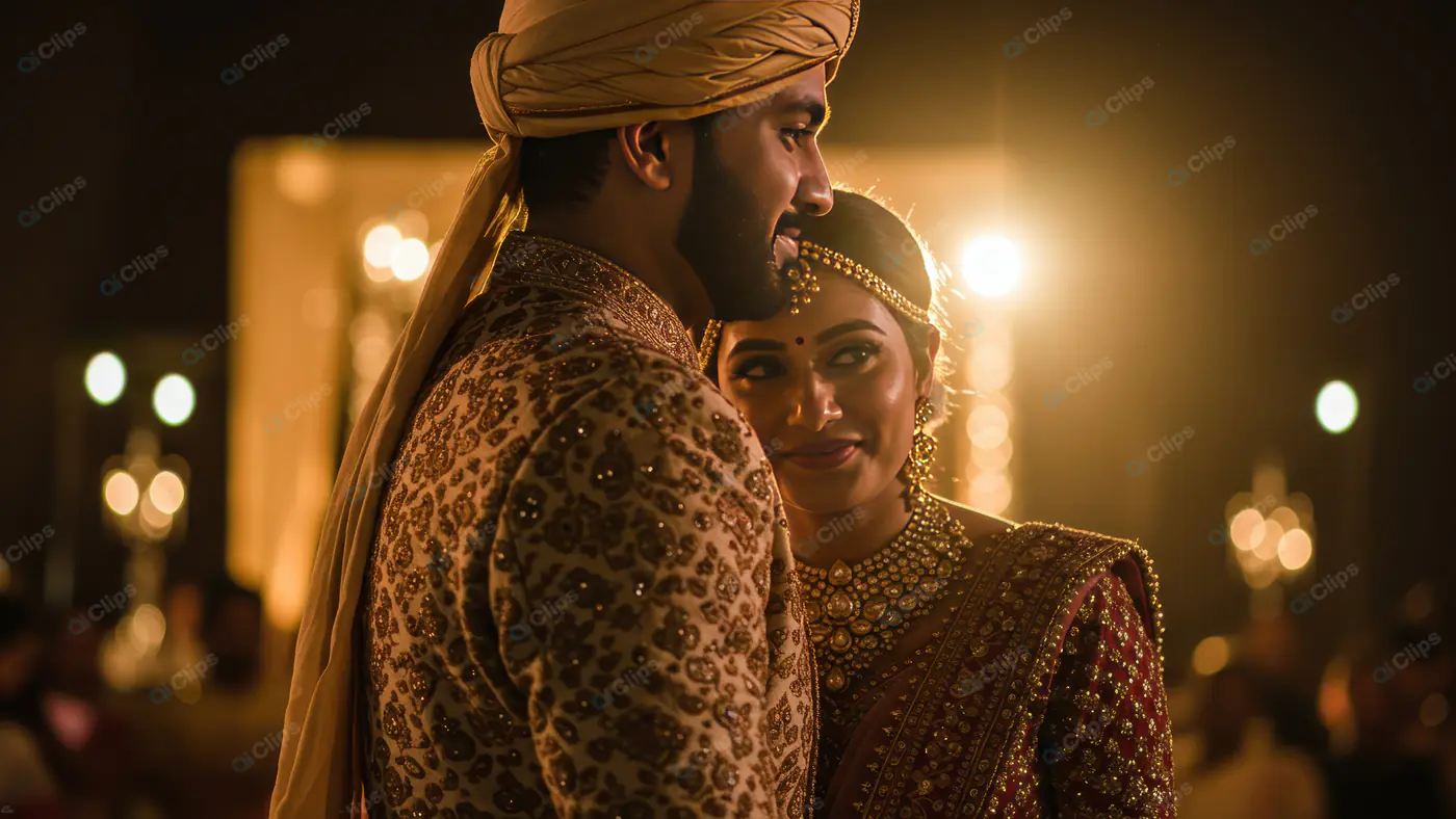 Romantic Indian Couple Embracing During Golden Hour Wedding Reception