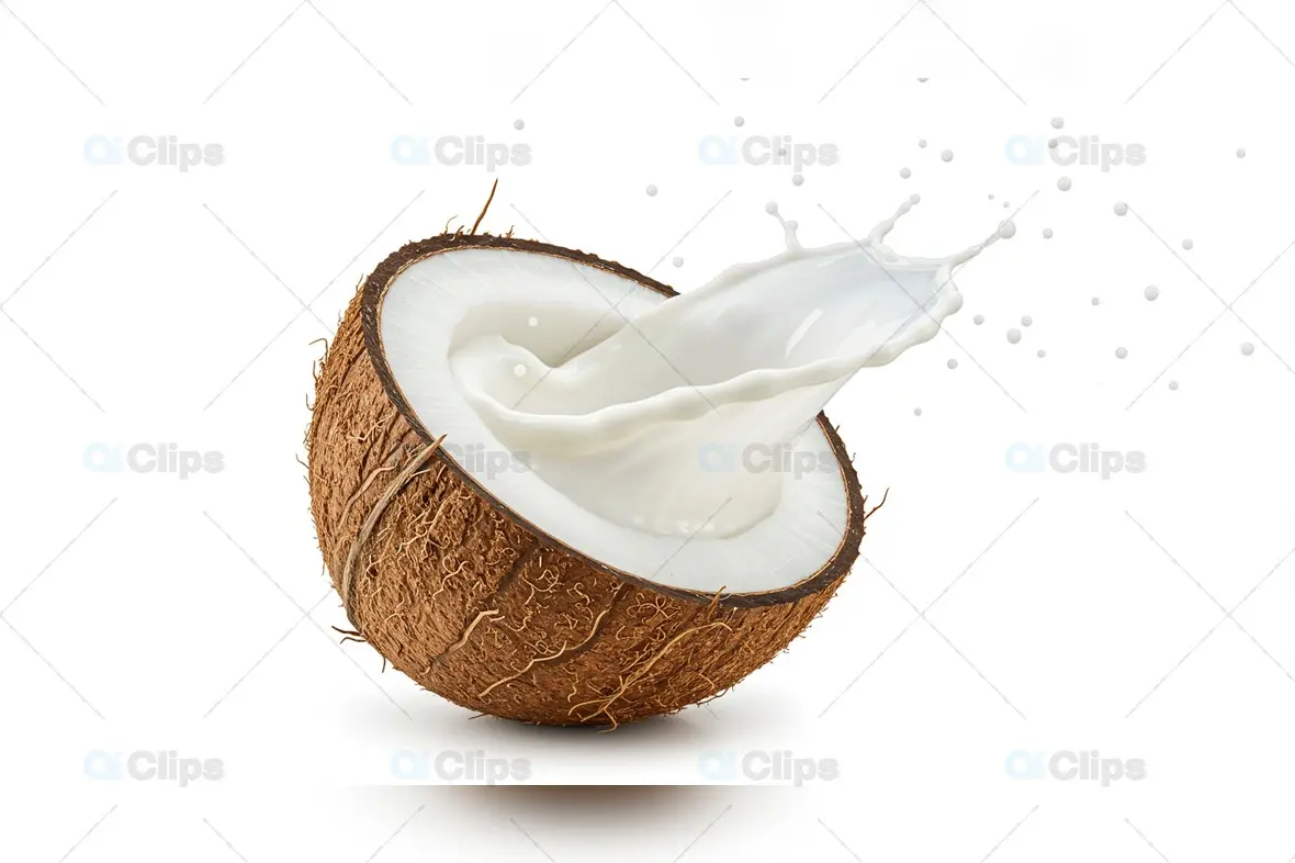 Coconut Half with Dynamic Milk Splash on White Background