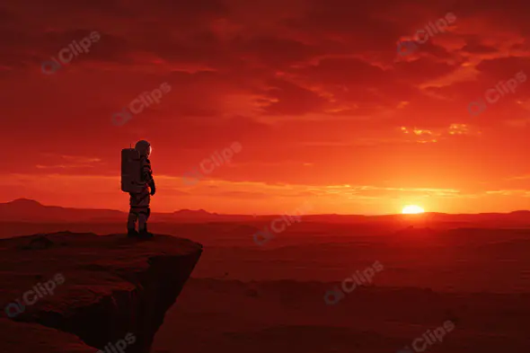 Astronaut Watching Alien Sunset from Cliff Edge