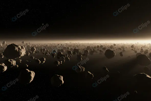 Dense Asteroid Belt Floating in Deep Space with Cosmic Glow