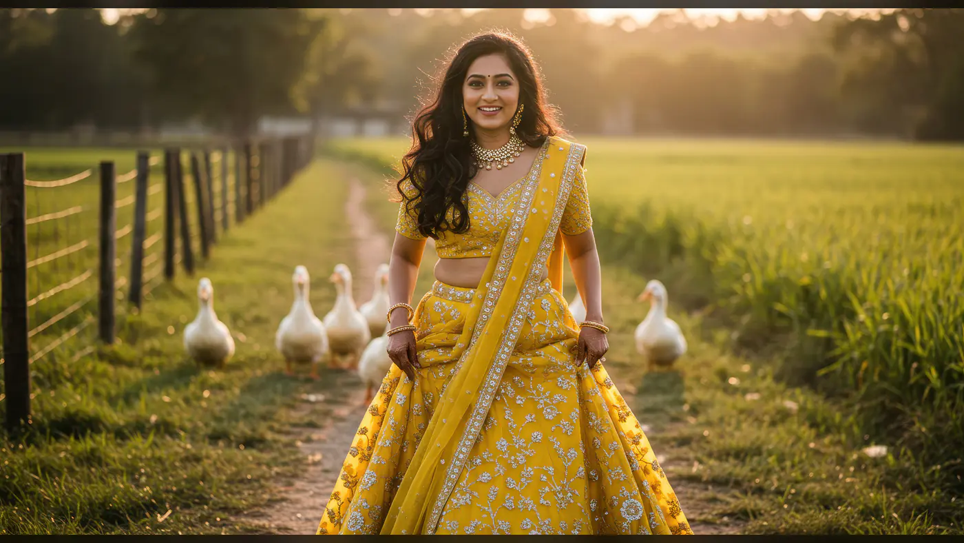 Joyful Indian Woman in Yellow Lehenga Walking in Farmland with Ducks at Sunset