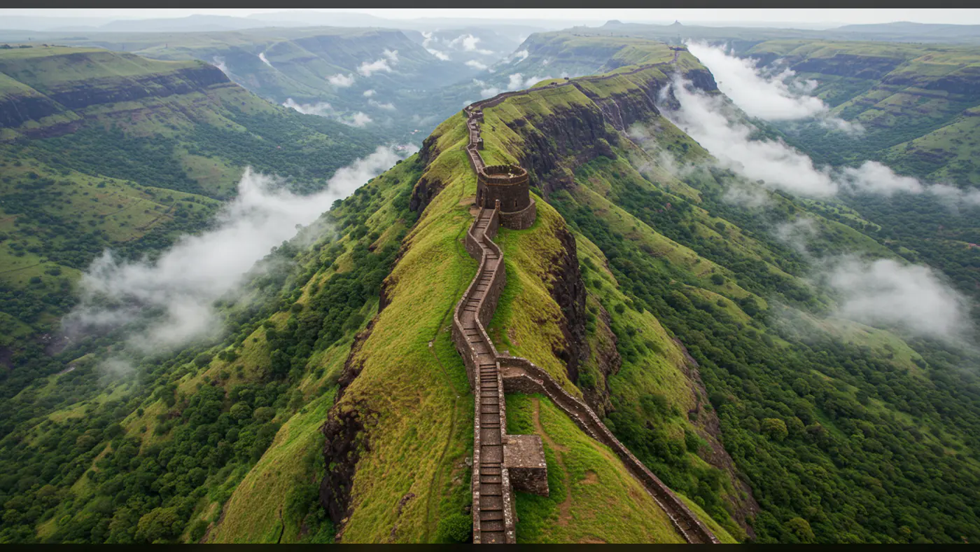 Misty Indian Fort Walkway Over Lush Green Hills