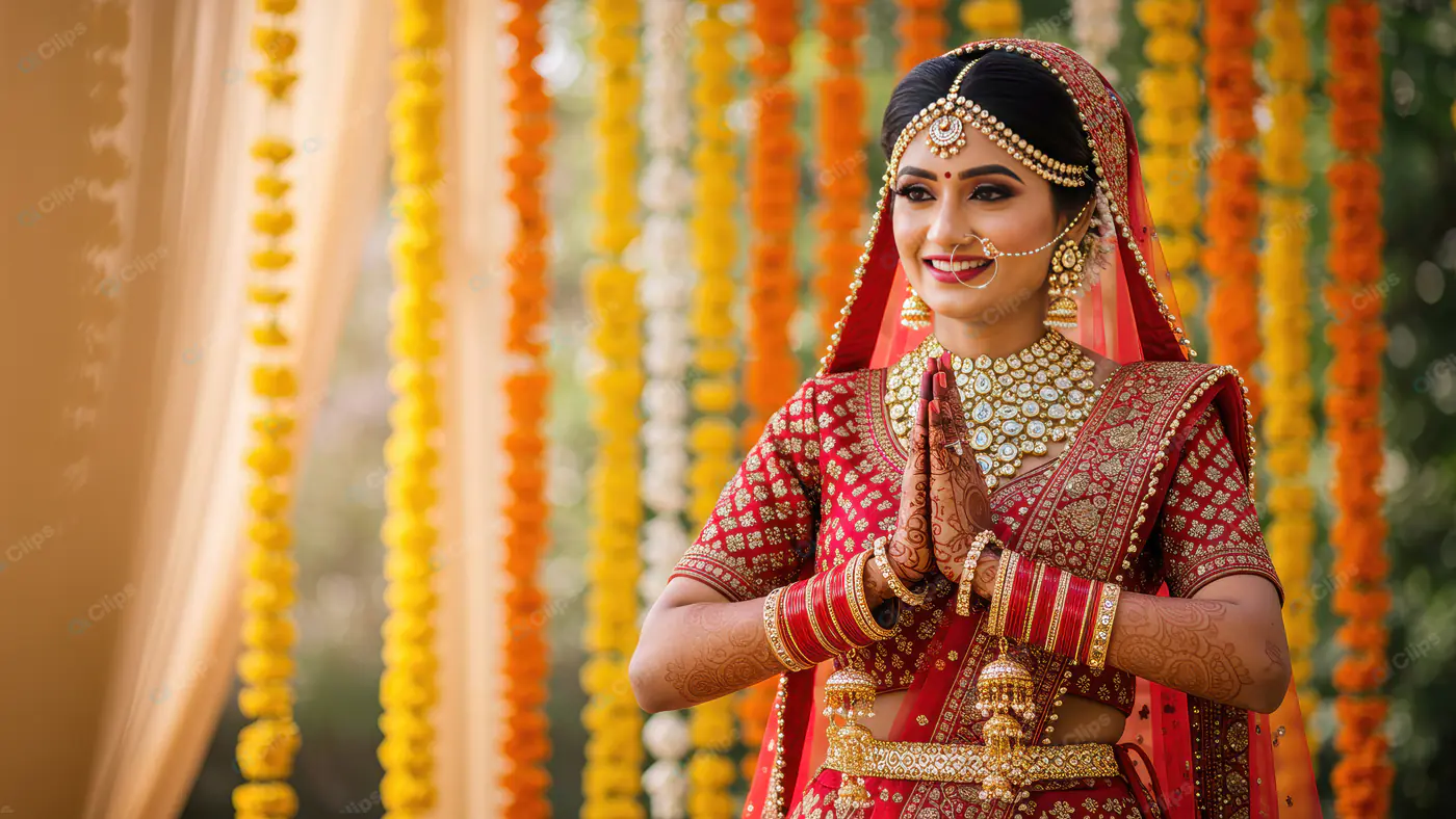Smiling Indian Bride in Traditional Red Lehenga Doing Namaste