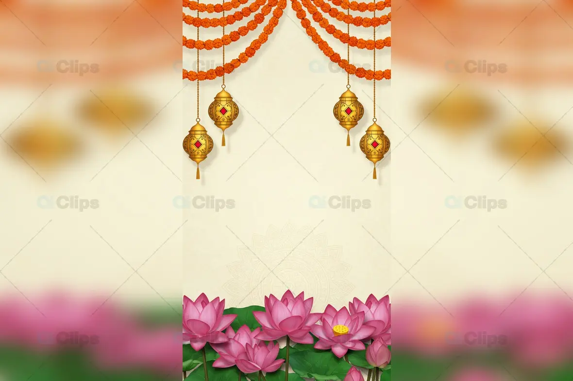 Diwali Festive Frame with Lanterns and Lotus Flowers