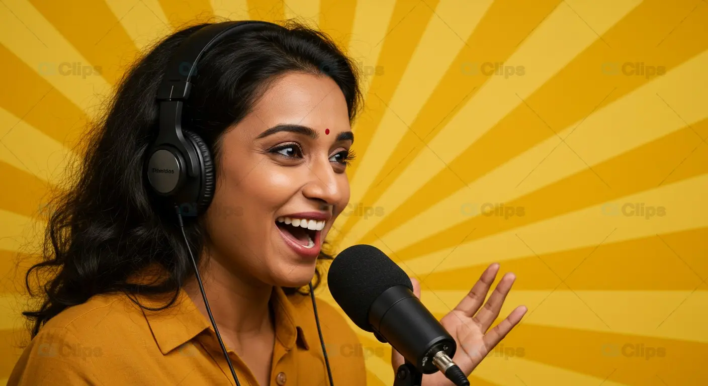 Smiling Indian Woman Podcasting with Headphones and Microphone