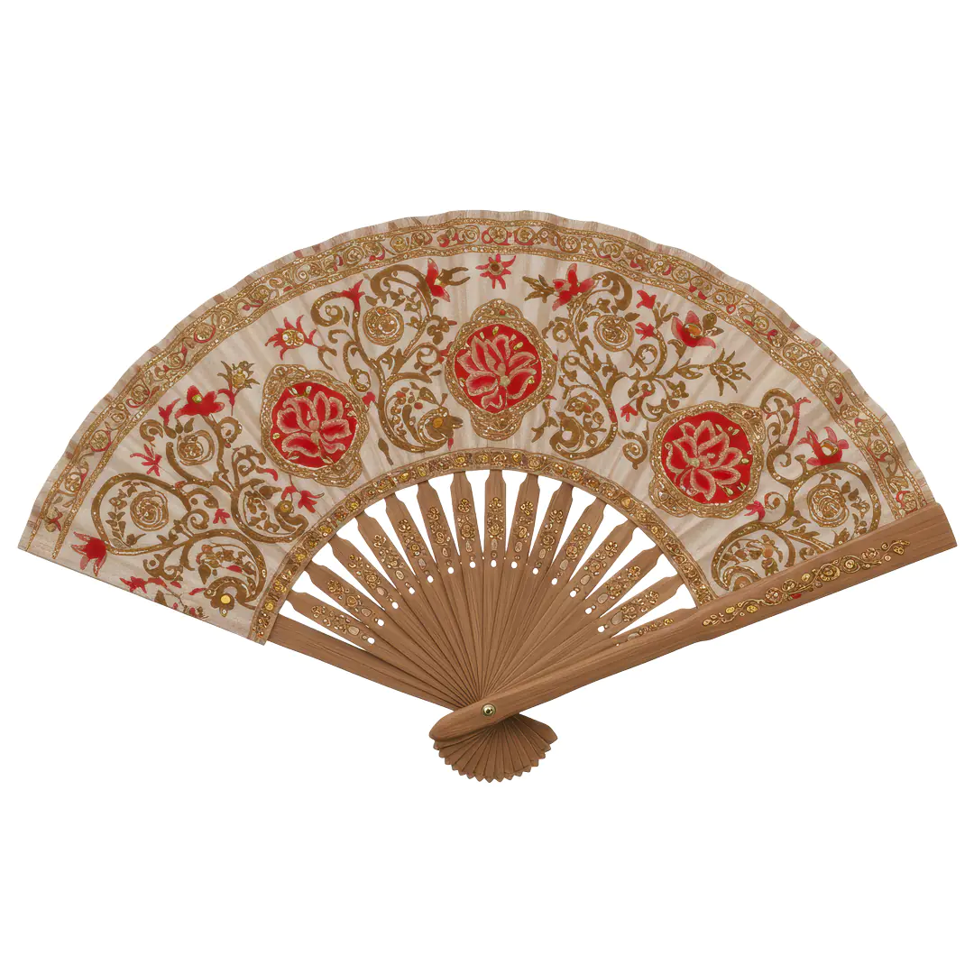 Elegant Indian Embroidered Hand Fan PNG – Red Floral Royal Design with Transparent Background