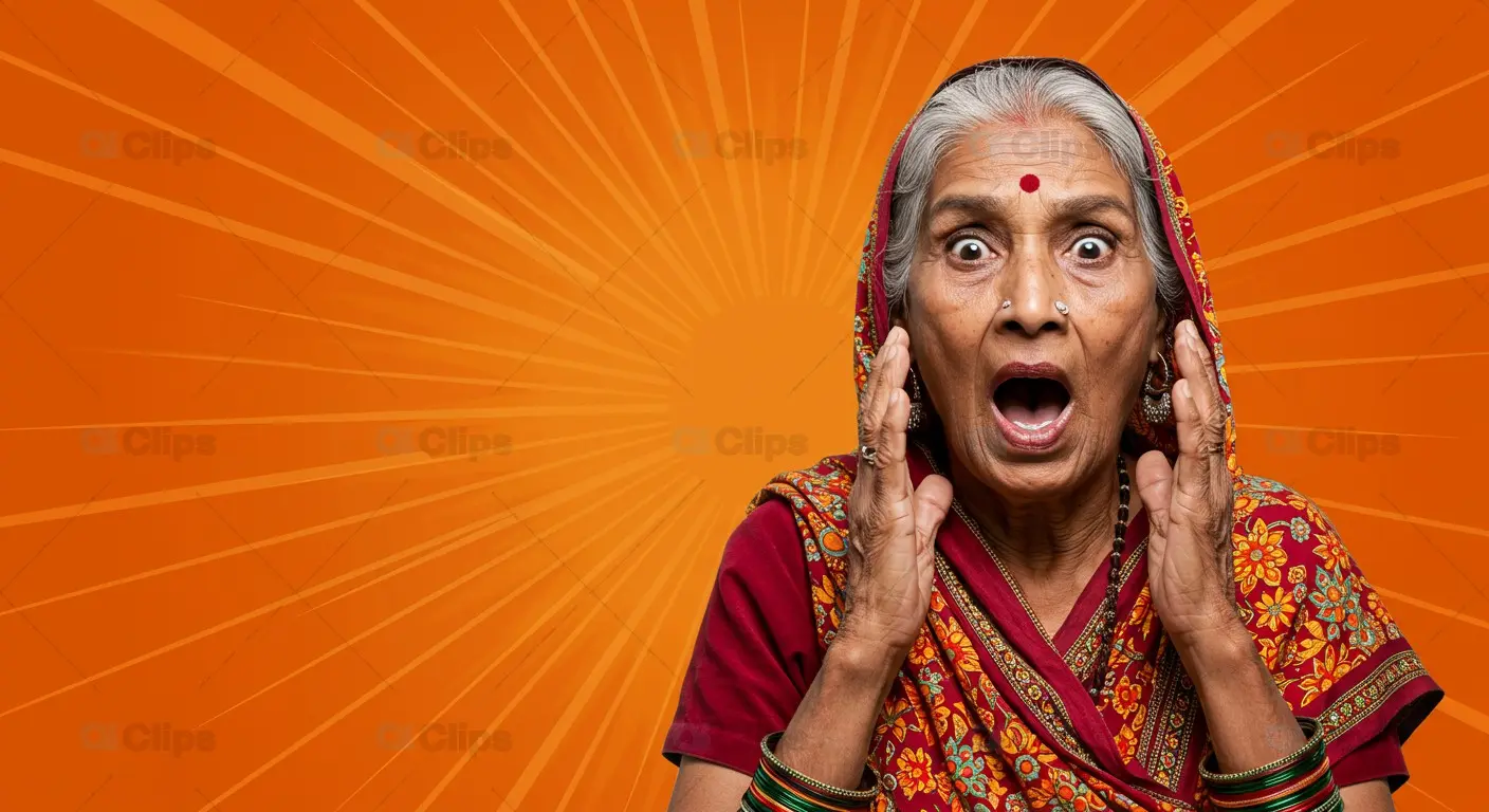 Surprised Elderly Indian Woman in Traditional Saree with Comic Background