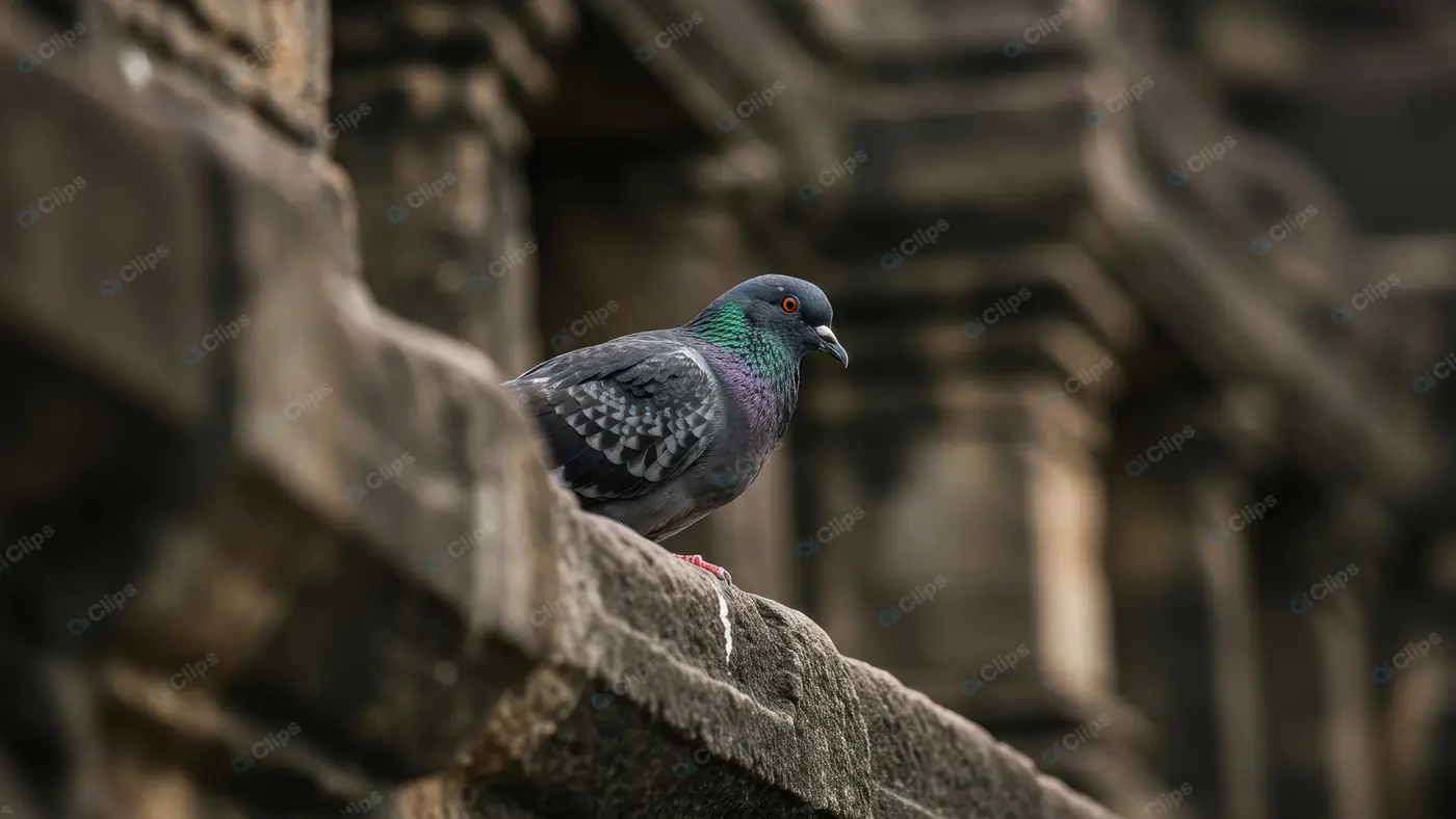 Pigeon on Ancient Indian Stone Railing at Heritage Monument