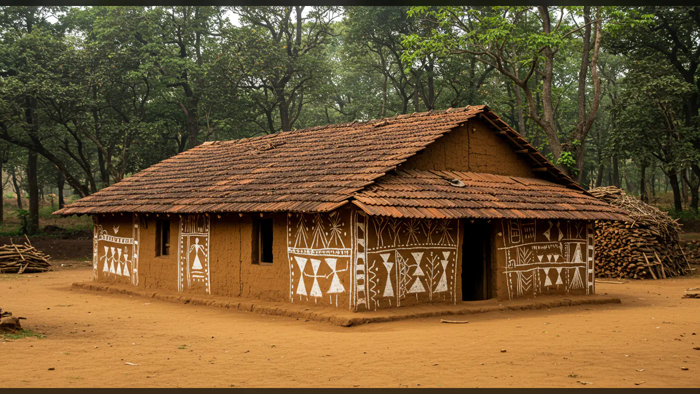 Traditional Tribal Mud House with Warli Art in Indian Forest Village