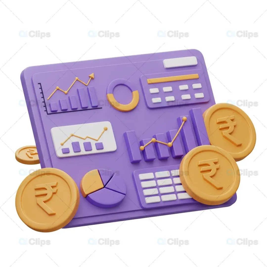 3D Financial Dashboard Illustration with Rupee Symbol
