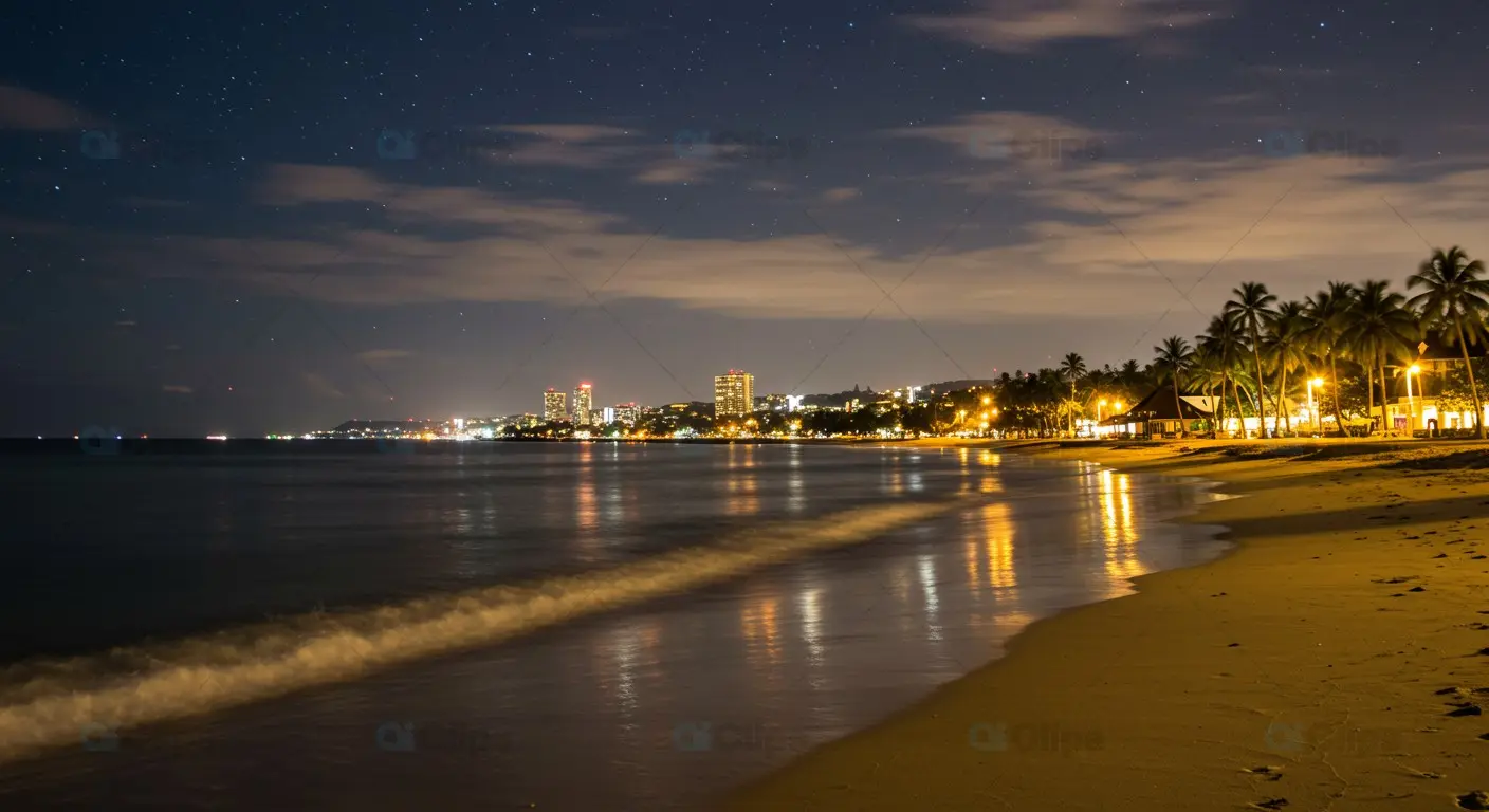 Tropical Beach Cityscape at Night with Starry Sky