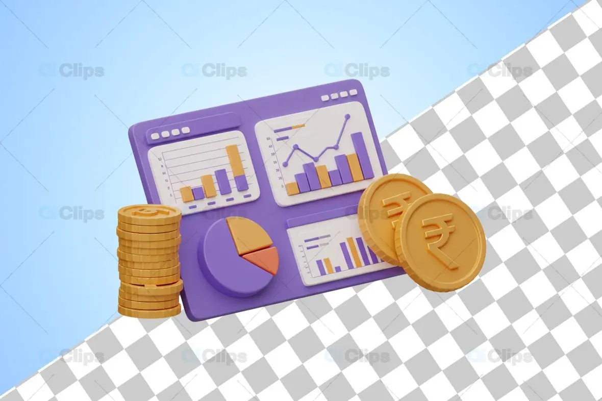 3D Financial Analysis Dashboard with Rupee Coins Illustration