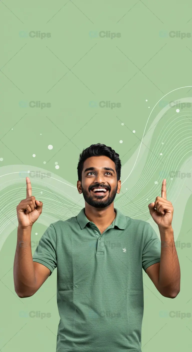 Happy Indian Man Pointing Up with Green Abstract Background