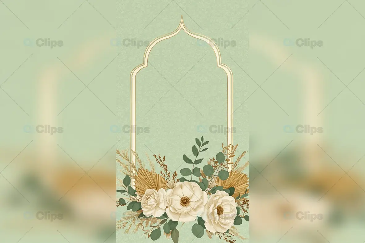 Floral Frame with Beige Flowers and Green Background