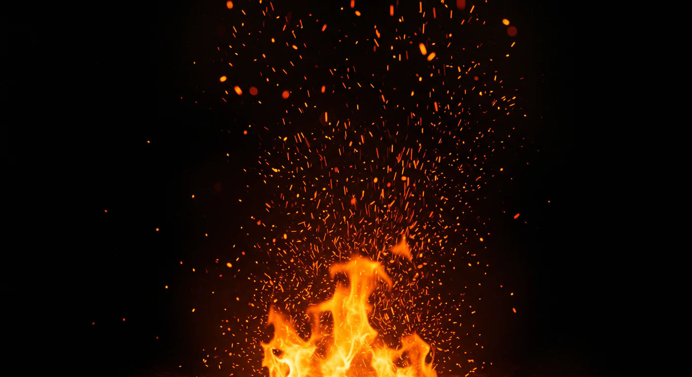Realistic Fire Flames with Flying Sparks on Dark Background