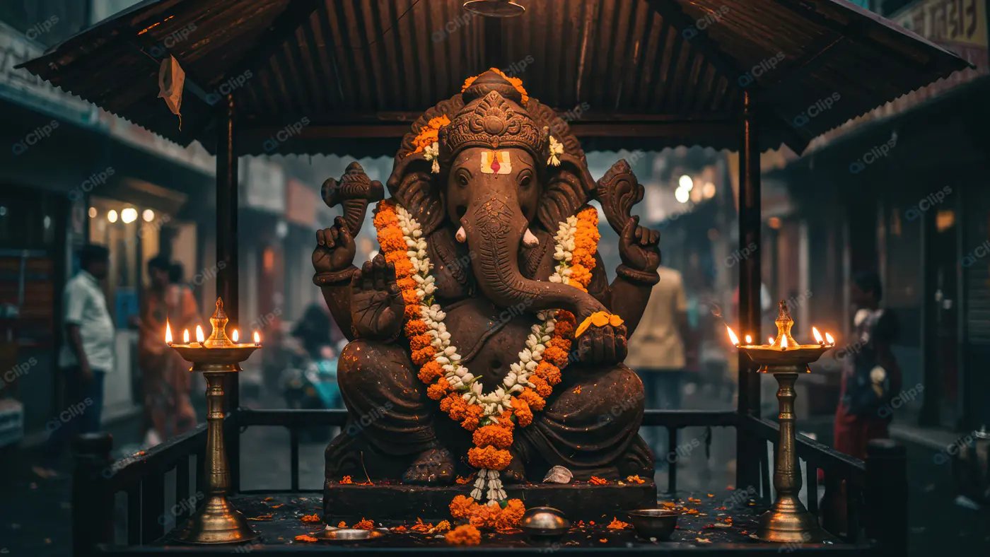 Lord Ganesha Idol in Traditional Street Shrine with Lamps and Garland