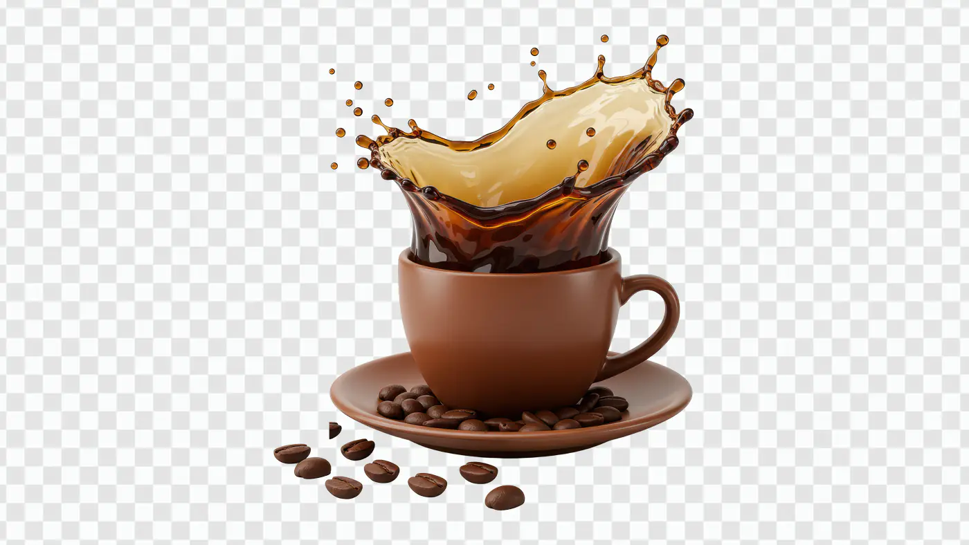 Coffee Splash in Brown Cup PNG – Realistic Beverage Spill with Beans