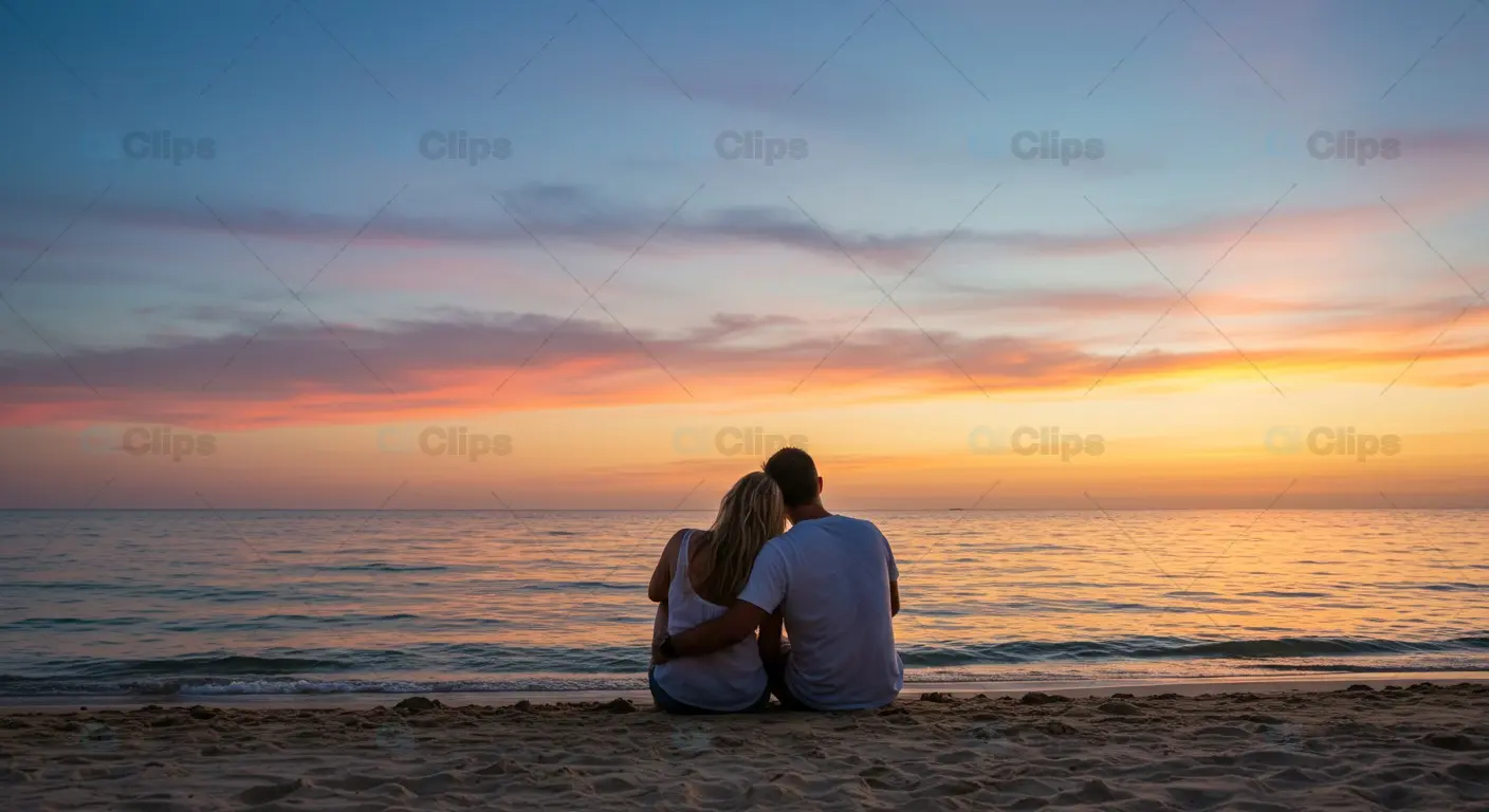 Couple Watching Vibrant Ocean Sunset from Sandy Beach