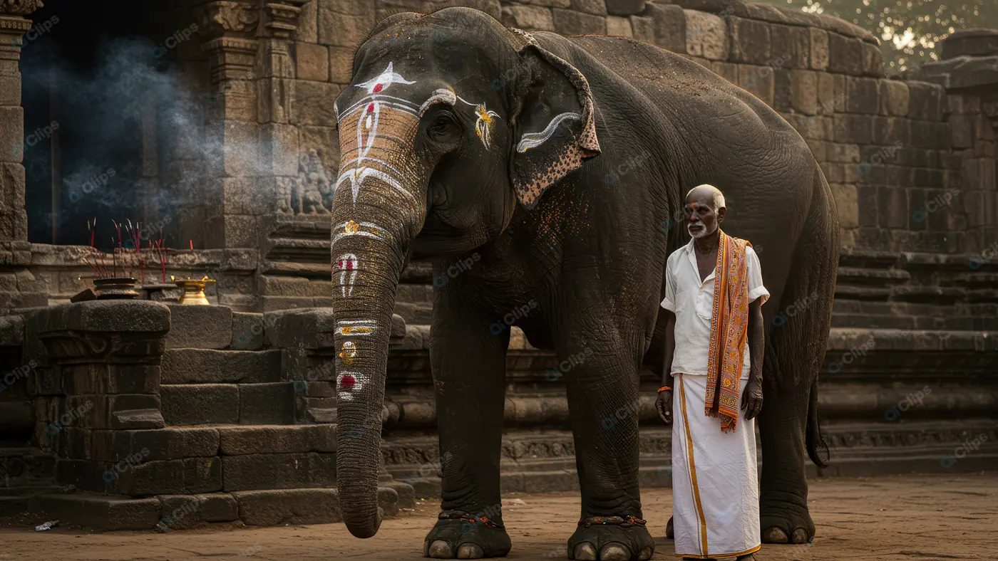 Elderly Indian Temple Caretaker Standing with Decorated Elephant