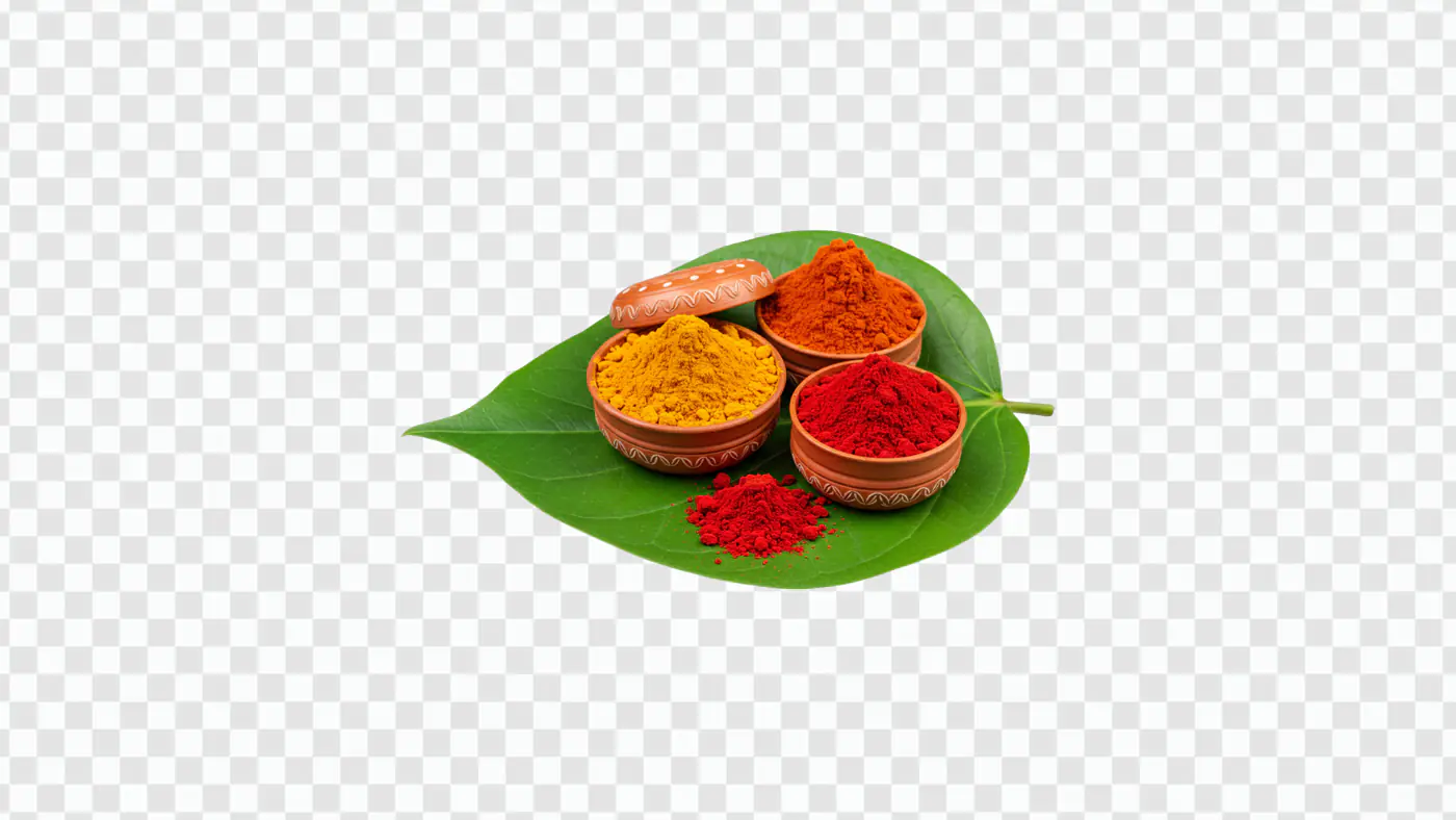 Traditional Puja Kumkum and Haldi PNG Clipart in Clay Pots on Leaf
